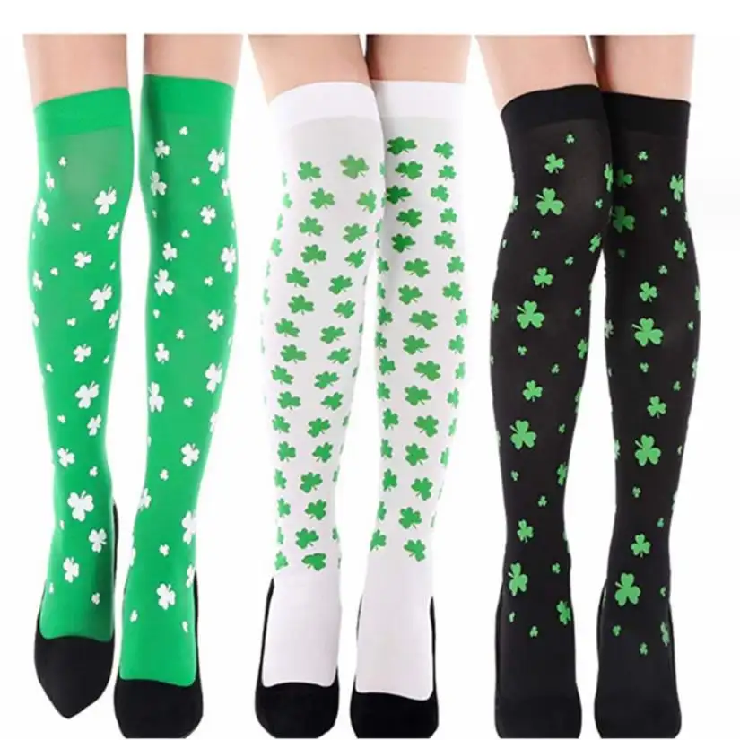 Christmas Party Dressing Irish Green Stockings Clover Striped Socks Over Knee Socks St. Patrick's Day Striped Silk Socks Gift