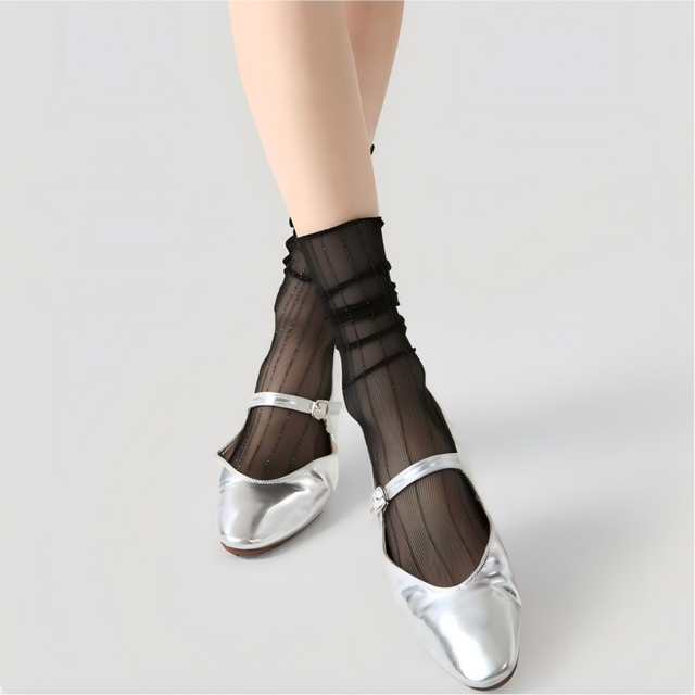Women Ruffle Edge Sheer Socks 3D Embossed Floral Vintage Color Block Soft Socks Nylon Fashion Crew for Daily Wear Women Socks
