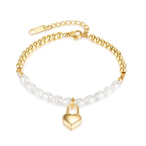 18k Gold Plated <b>Bead</b> Chain <b>Bracelet</b> Heart Lock Shaped Pendant Pearl <b>Bracelet</b> for Women - Product Image 1