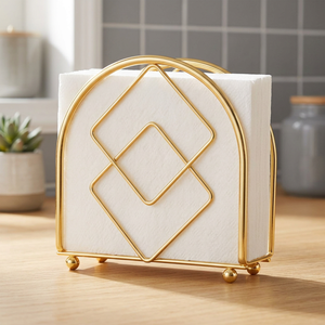 Porte-serviettes élégant en métal doré, support décoratif de table pour mouchoirs, design géométrique moderne double losange, cuisine et salle à manger - Product Image 3