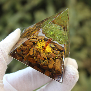 <b>Crystal</b> Epoxy Pyramid Resin Ornament With <b>Tree</b> And Stones Desk Office Decor Feng Shui Design Single Piece Package - Product Image 2