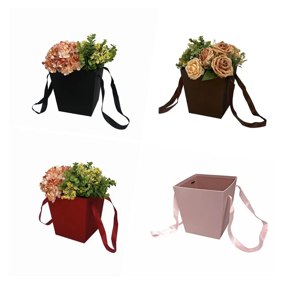Ramo de papel Trapezoidal de alta calidad, cesta de papel portátil con purpurina, caja de arreglo de flores de rosa, caja de Color de flores con mango