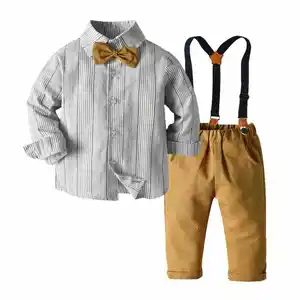 Autumn children boys clothing set Stripe Formal kids cotton bow shirt top+suspender Pants outfits baby boy's gentleman suit