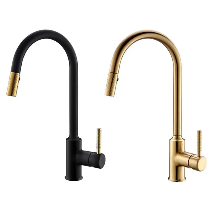 Pull Out Brushed Gold Black Bathroom Hot Cold Mixer Deck Mount Single Hole Brass Kitchen Sink Faucet Tap