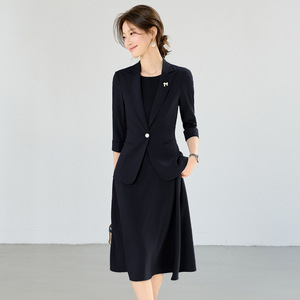 Women's Green Suit <b>Set</b> Three Quarter Sleeve Solid Color <b>Blazer</b> Dress Office Wear Anti Wrinkle Slim Fit - Product Image 4