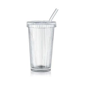 Tasse à thé à bulles à rayures verticales côtelées en verre transparent de 375ml avec couvercle et paille - Product Image 1