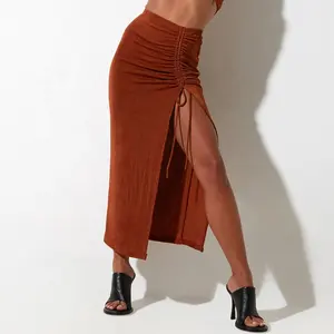 Custom womens velour skirt velvet skirt with front split sexy hot long drawstring skirt for women