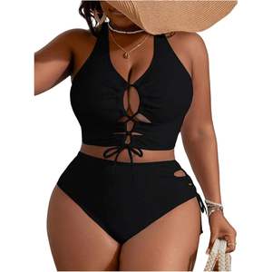 Conjunto de bikini personalizado para mujer, talla grande, con tiras cruzadas en la espalda, con cordones, control de abdomen, traje de baño de 2 piezas - Product Image 3