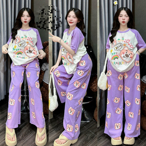 Costume décontracté transfrontalier femmes été dessin animé ours imprimé à manches courtes pantalon large pour étudiants réduction de l'âge deux pièces Fa - Product Image 4