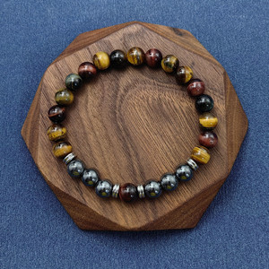 Triple Tiger Eyes ematite turchese blu naturale con bracciale con perline a fetta di isolamento in acciaio inossidabile per uomo - Product Image 2