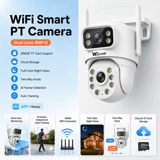 Wistino 5K Dual Lens Outdoor Wifi Security Camera Night Vision Full Color AI Motion Detection PTZ Camera