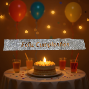 Banda de Feliz Cumpleaños Plateada Brillante con Letras Iridiscentes, Decoración Elegante para Fiestas - Product Image 3
