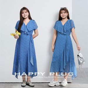 รันฉีชุดเดรสคอวีลายจุดเอวยางยืดชายกระโปรงไม่สม่ำเสมอสีฟ้าลายดาวชุดลำลองสำหรับผู้หญิงสไตล์การเฉลิมฉลองวันหยุด - Product Image 4