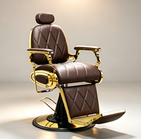 Fauteuil de barbier vintage de luxe avec cadre doré, robuste, hydraulique et inclinable, couleur marron, pour salon de coiffure