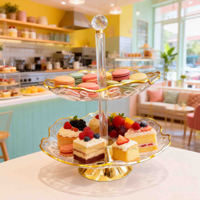 Plateau à dessert multicouche en acrylique transparent ODM & OEM avec bord décoratif doré, présentoir à pâtisserie à 2 niveaux pour réceptions de mariage en extérieur et buffets