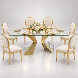 Table à manger de luxe en acier inoxydable avec plateau en verre transparent, base sculpturale en Z, mobilier moderne pour événements et mariages - Product Image 5