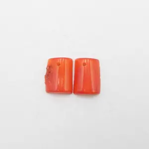 Top Drilled Natural Gemstone Earring Red Coral Rectangle Cabochon Pair