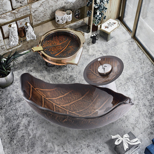 Fregadero moderno de vidrio templado en forma de hoja Gabinete de piedra fácil de limpiar con escurridor para baño y balcón - Product Image 3