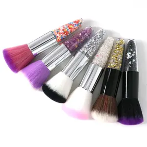 Pincel de maquiagem em pó para base Kabuki, cabo acrílico pequeno de marca própria, transparente, glitter roxo, formato de coração e cristal