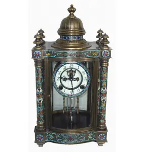 19th American Antique Crystal Column Four Glass Gilt Mantel- Brass Clock with Clear Wheel Movement