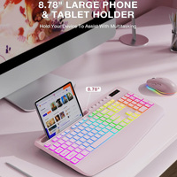 Clavier et souris sans fil ergonomiques silencieux avec rétroéclairage RVB, combo 2.4G rechargeable, boutons multimédias, support pour tablette et téléphone