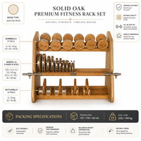 Ensemble de fitness haut de gamme en bois avec haltères, barres d'haltères et kettlebells en acier inoxydable pour entraînement commercial ou à domicile de luxe