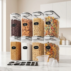 Ensemble de 8 contenants à céréales modernes Rio en PP sans BPA, hermétiques [4L/135,2 Oz], avec <span class=keywords><strong>bec</strong></span> verseur, tasse doseuse, empilables, étiquettes - Product Image 1