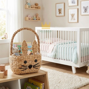 Panier de rangement en jacinthe d'eau tressé fait main à prix abordable, panier lapin avec poignée supérieure pour chambre d'enfant - Product Image 4