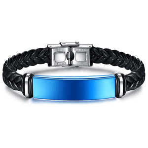 Bracelet en cuir tressé pour hommes, en acier inoxydable, couleur bleu, noir, argent, bijoux cadeau, 12MM - Product Image 3