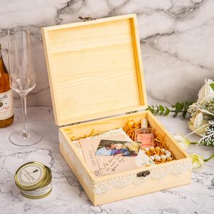 Boîte de souvenirs en bois avec couvercle Boîte de rangement en bois avec bord en dentelle, parfaite pour les couples, douche nuptiale d'anniversaire de mariage, cadeaux - Product Image 6