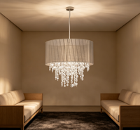 Luminaire suspendu en cristal de style transitionnel de luxe avec abat-jour en tissu transparent taupe