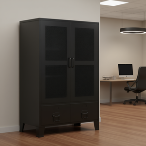 Armoire de bureau industrielle en acier noir 29,5x15,7x47,2 avec portes grillagées et 2 tiroirs pour usage professionnel - Product Image 2