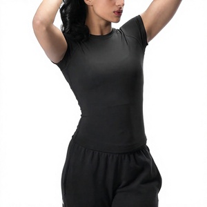T-shirt à col rond slim fit pour femme, noir, manches courtes, haut de sport athlétique - Product Image 2