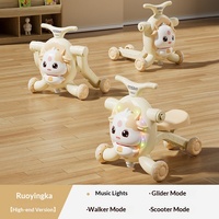 Porteur musical multifonction 4-en-1 pour bébé, jouet éducatif, trotteur, chariot, voiture à pousser, trottinette, poussette à roues réglables