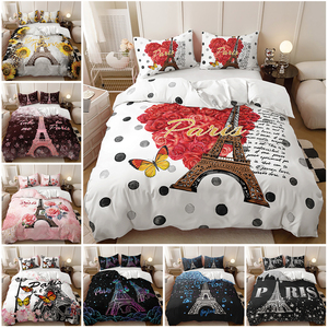 Set Copripiumino Matrimoniale con Stampa Digitale 3D, 3 Pezzi, Motivo a Pois, Rose e Torre Eiffel, 300 Fili - Product Image 2