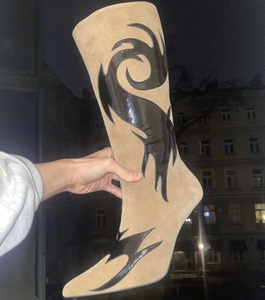 European Styles Suede Upper Women Pointy Toe Knee High <b>Boots</b> Leather Embossed Patchwork Stiletto High Thin Heels Shoes - Product Image 1