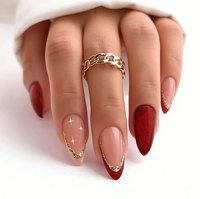 Faux ongles faits main, style français, forme amande, pré-dessinés, prêts à poser, avec strass