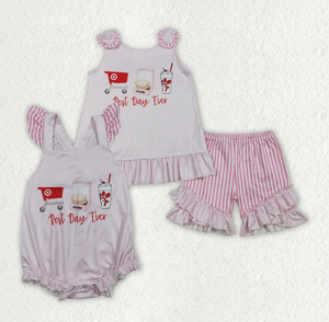 Conjunto de ropa corta con volantes y túnica con rayas rosas para niñas hermanas, modelo Best Day Ever - Product Image 1