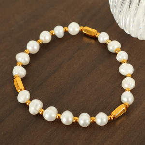 สร้อยข้อมือมุกน้ำจืดผู้หญิงเกรด AA เครื่องประดับลูกปัดยืดหยุ่นสวมใส่ได้ทุกวันสไตล์โมริเกิร์ลโซ่เหล็กไทเทเนียม - Product Image 3