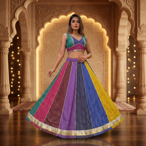 Conjunto de Lehenga Choli de Seda con Estampado Bandhani Colorido y Borde Gota Patti para Mujer, Ideal para Navratri, Garba y Fiestas, Estilo Indo-Occidental - Product Image 1