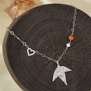 Collana con Ciondolo a Foglia d'Acero 2026, Catena a Forma di Cuore, Zircone, Pietra Naturale, Perla, Placcato Argento, Perla Imitazione - Product Image 5