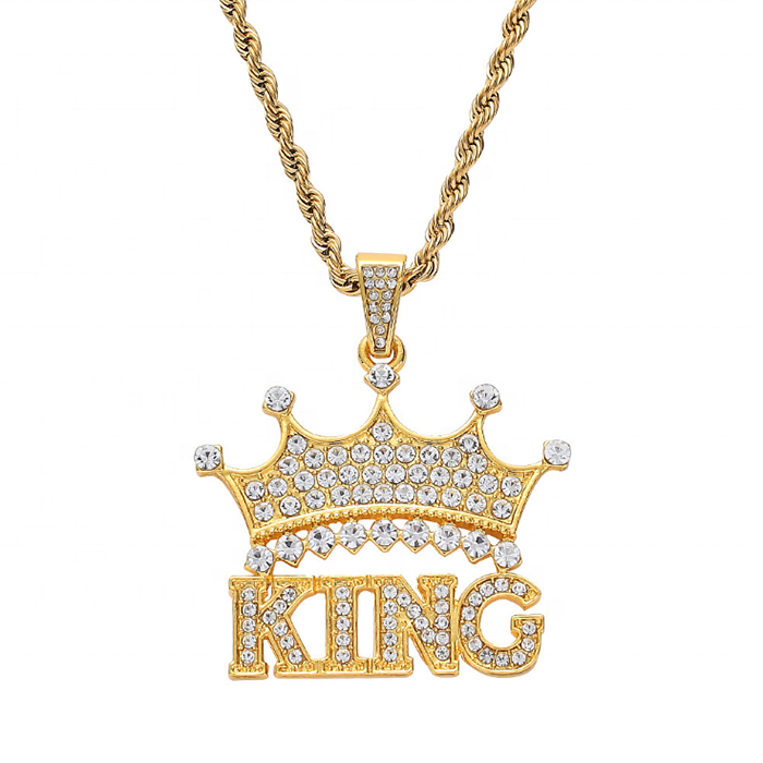Collier Avec Pendentif Croix, Couronne, Clé, Cœur Strass - Chaîne En Cuir, Or, Longueur >60 Cm