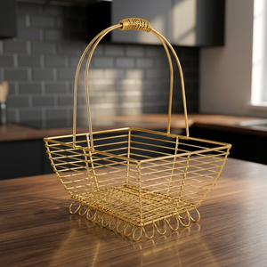 Gold Plated <b>Metal</b> Wire Basket Rectangle Shape Modern Decorative Handle Single Piece Package - Product Image 2