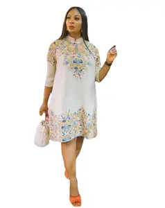 Manufacturer Custom Women's Plus Size Women's Digital Printed Long Sleeve Tops Pleated Casual Ladies Dresses