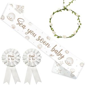 Decorazioni per Baby Shower 'Ci Vediamo Presto', Fascia con Conchiglie Bianche, Corona Floreale, Distintivi 'Future Mamma' e 'Future Papà' per Festa del Bambino - Product Image 1