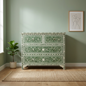 Commode pliable artisanale avec incrustations en os, pour salon, hôtel et école, design moderne, 2 tiroirs, garantie 2 ans - Product Image 1