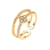 Anillo Abierto Ajustable con Trébol de Cuatro Hojas, Elegante y Moderno, Chapado en Oro, con Micro Pavé de Circonitas Blancas y Borde con Cuentas, para Uso Diario
