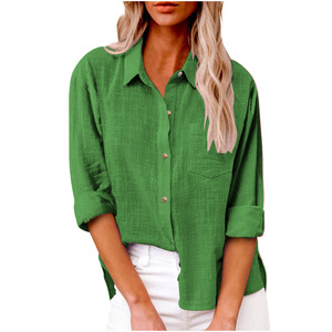 Camicia Casual da Donna 2026 alla Moda a Maniche Lunghe in Cotone, Stile Primaverile con Tasche e Bottoni, Tinta Unita - Product Image 3