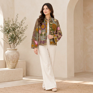 Velvet Embroidered Floral Jacket <b>Women's</b> Prairie Chic Full Sleeve V Neck Autumn <b>Coat</b> Handmade Decorative Open Stitch Design - Product Image 1