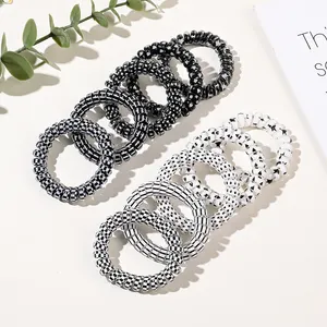 Waterproof Black and White Printing Traceless Hair Ties Elastic Coil Rubber Phone Cord Hair Ties for Women Girls